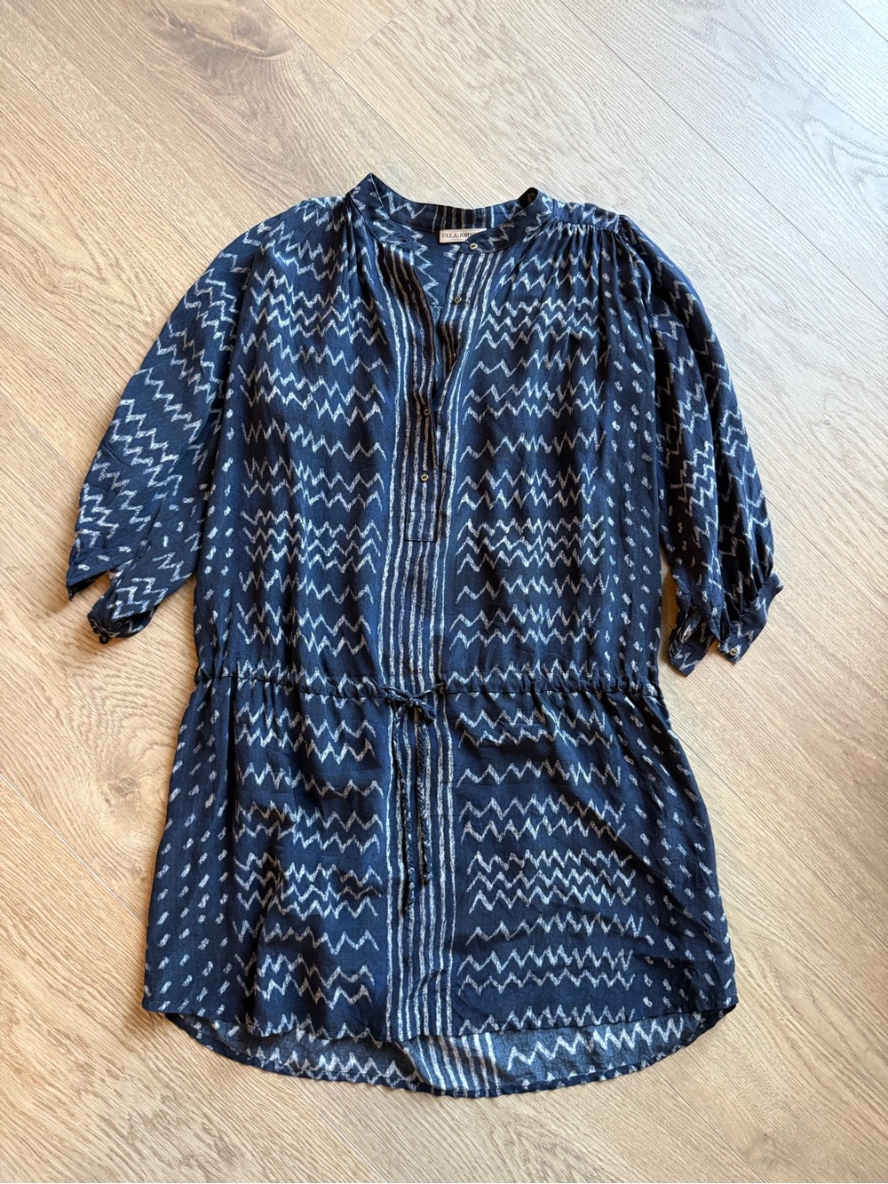 Ulla Johnson Navy Ikat Print Drawstring Tunic Dress Blouse